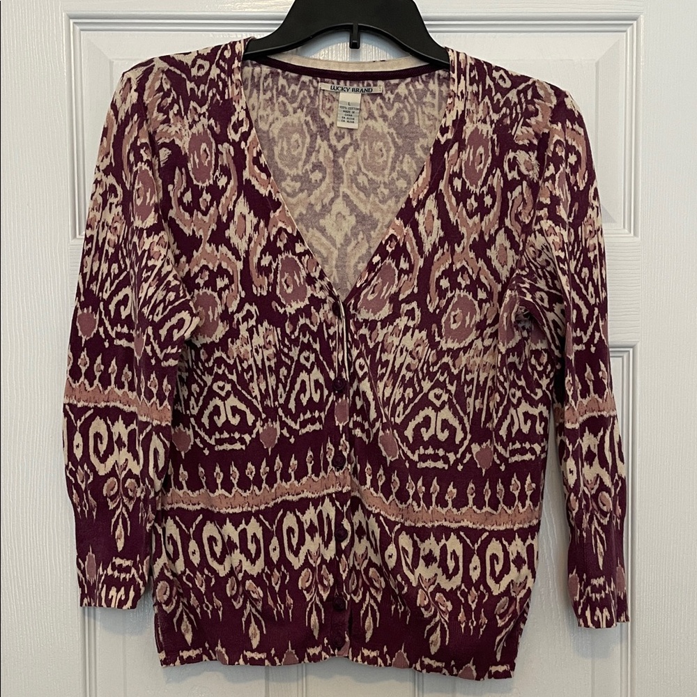 Lucky Brand Plum and Cream Ikat Cardigan